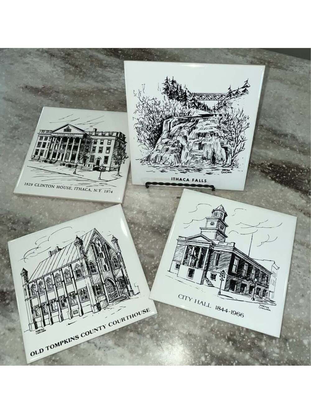Vintage Martha Chacona Ithaca NY Landmark Ceramic Tiles - Set of 4